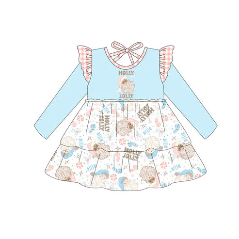 6.30 no moq GLD1177 PRE-ORDER baby girl clothes Christmas blue long sleeve dress