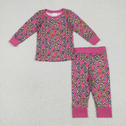 8.16 GLP2393 Baby Girls Long Sleeves Pink Lightning Leopard Top Pant Pajamas Set