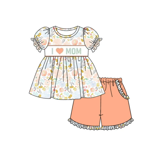 3.23 GSSO2408 Baby Girls Short Ruffle Sleeves I LOVE MOM Floral Tunic Orange Ruffle Pockets Short Set Preorder