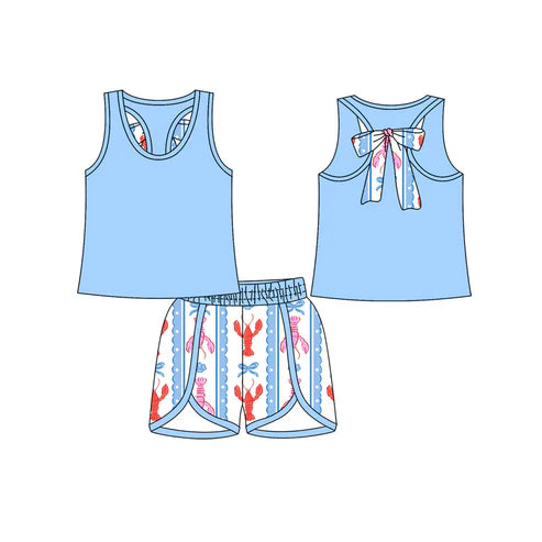 10.23 GSSO2755 Baby Girls Blue Sleeveless Back Bow Top Shorts Clothes Sets Preorder