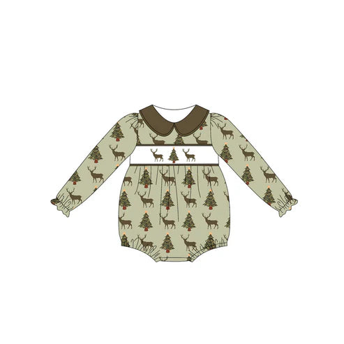6.13 LR2249 Baby Girls Long Sleeves Olive Deer Trees Ruffle Rompers Preorder