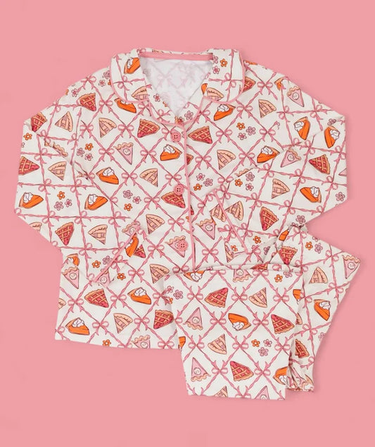 8.27 GLP2738 Baby Girls Pink Bows Flowers Plaid Button Top Pant Fall Pajamas Set Preorder