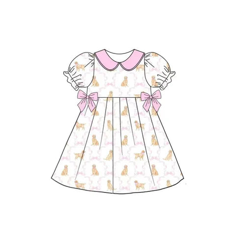 4.16 GSD2396 Baby Girls Dogs Bows Pink Ruffle Knee Length Dresses Preorder