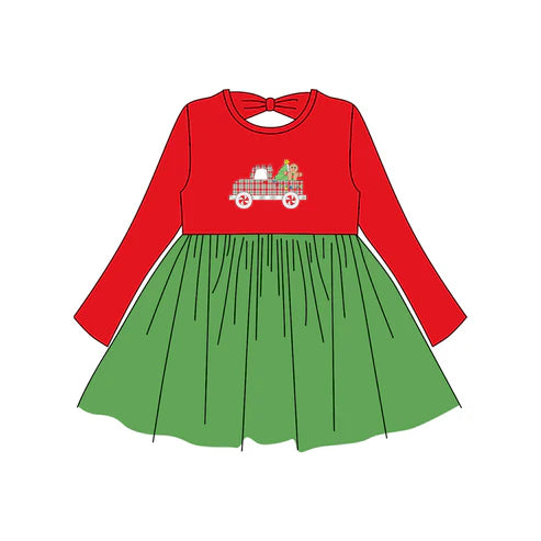 6.27 GLD1162 Baby Girls Red Long Sleeves Truck Trees Knee Length Dresses Preorder