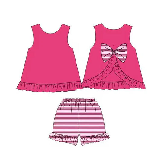 3.27 GSSO2395 Baby Girls Hot Pink Sleeveless Bows Tunic Stripe Ruffle Short Set Preorder