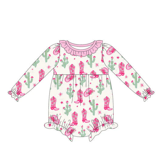 6.16 LR2235 Baby Girls Long Sleeves Pink Boots Cactus Ruffle Rompers Preorder