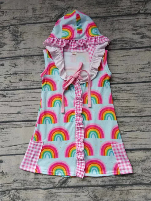 5.2 Custom Baby Girls Sleeveless Rainbows Zipper Pockets Hoodies Knee Length Dress(MOQ 3)