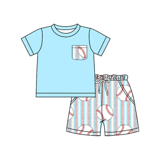 L-3.5 BSSO1317 Baby Boys Aqua Pocket Top Baseball Stripes Shorts Clothes Sets Preorder