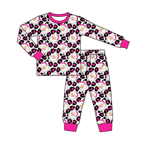5.19  GLP2366 Baby Girls Long Sleeves Leopard Santa Top Pant Pajamas Set Preorder
