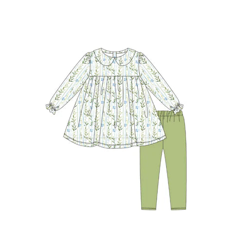 10.21  GLP2952 Baby Girls Green Blue Flowers Stripe Tunic Legging Pants Clothes Sets Preorder