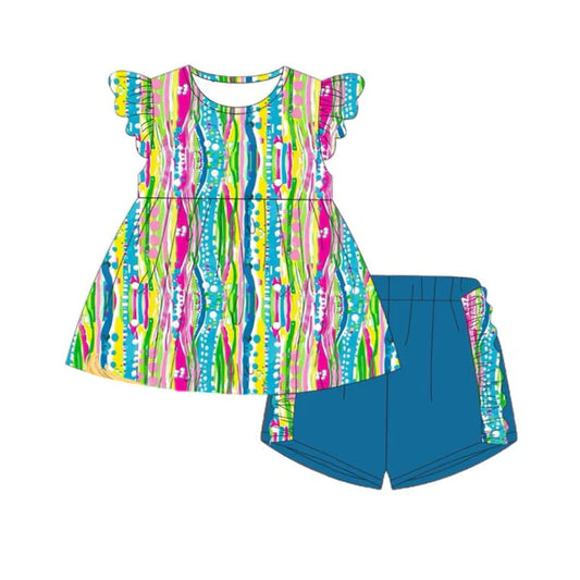 L-3.4 GSSO2107 Baby Girls Colorful Stripes Tunic Top Ruffle Shorts Clothes Sets Preorder