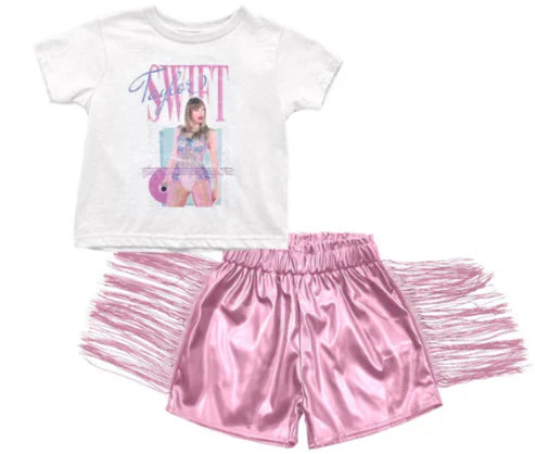 5.14 Girls Pink Country music singer short-sleeved fringe shorts suit