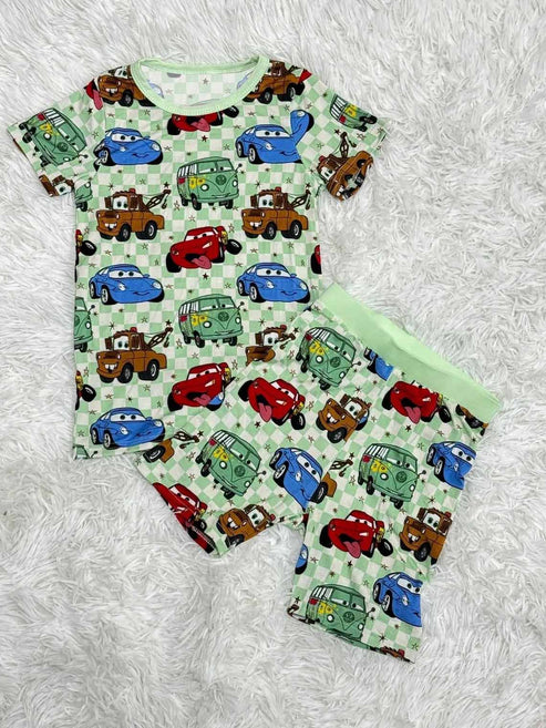 BSSO1164 Baby Boys Car Racing Green Checkered Shirt Shorts Pajamas Clothes Sets Preorder