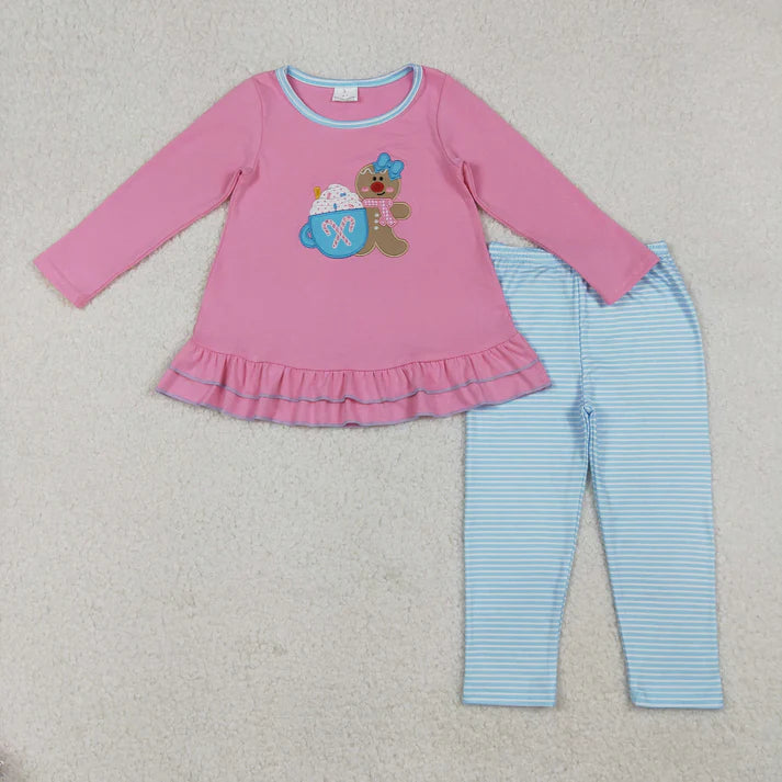 9.26 GLP2467 Embroidery Baby Girls Pink Long Sleeves Gingerbread Tunic Blue Legging Pant Set