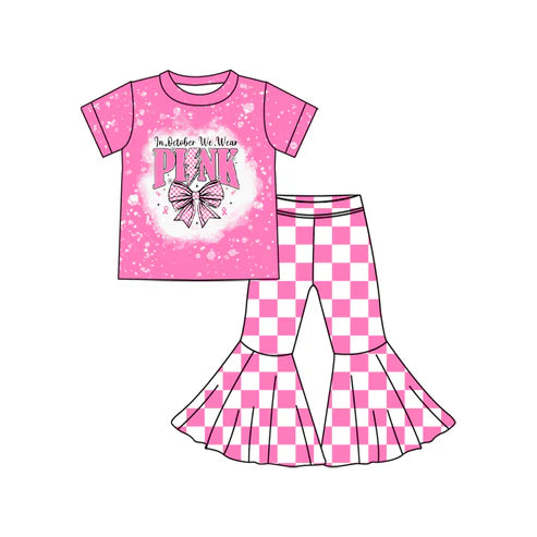 8.14 GSPO2063 Baby Girls Pink Bows Top Plaid Bell Bottom Pant Set Preorder