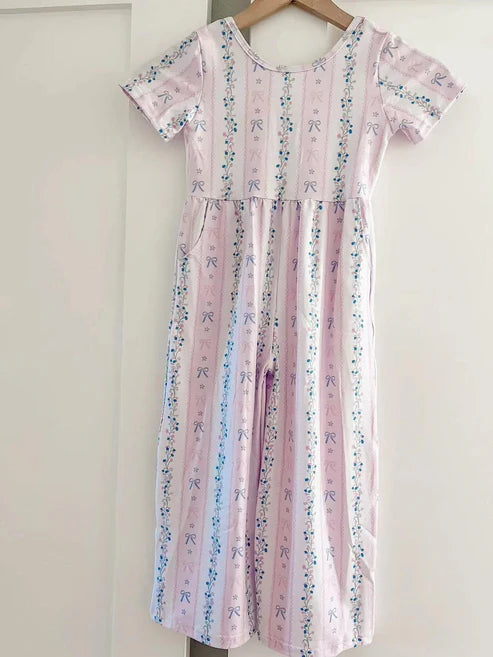 3.23 SR2941 Baby Girls Pink Short Sleeves Bows Floral Pockets Jumpsuits Preorder