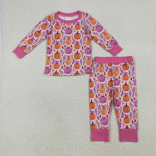 8.16 GLP2415 Baby Girls Long Sleeves Hot Pink Floral Pumpkins Top Pant Pajamas Set