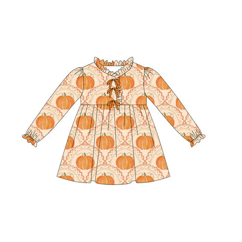 7.26 GLD1220 Baby Girls Long Ruffle Sleeves Pumpkins Plaid Knee Length Dresses Preorder