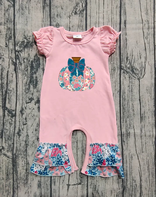 6.16 SR3112 Baby Girls Pink Short Ruffle Sleeves Floral Pumpkins Rompers Preorder
