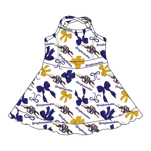 8.11 Custom Moq 5 Baby Girls Purple Yellow Bows Greyhoundse Short Ruffle Team Knee Length Dresses