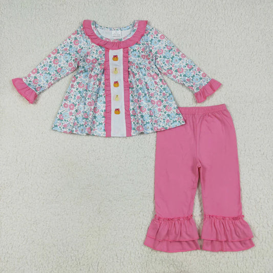 8.16 GLP2352 Embroidery Baby Girls Long Sleeves Floral Turkey Pumpkins Tunic Ruffle Pant Set