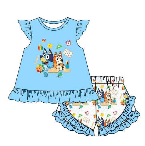 GSSO1696 Baby Girls Blue Dogs Back To School Top Ruffle Shorts Clothes Sets Preorder