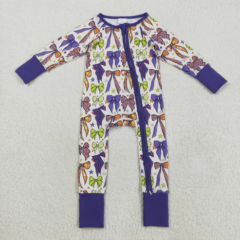 8.13 LR2403 Baby Girls Long Sleeves Purple Bows Plaid Zipper Pant Romper