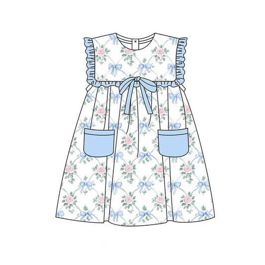 3.23 GSD2230 Baby Girls Sleeveless Blue Bows Floral Pockets Top Knee Length Dresses Preorder