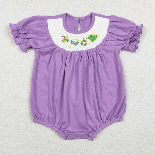 SR0472 smocked embroidered Carnival mask purple and white checkered short-sleeved onesie