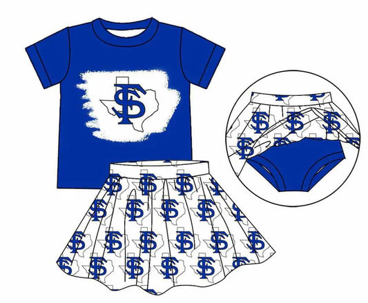 7.7 Custom Moq 3 Baby Girls Blue TS Top Bummie Skorts Team Sets