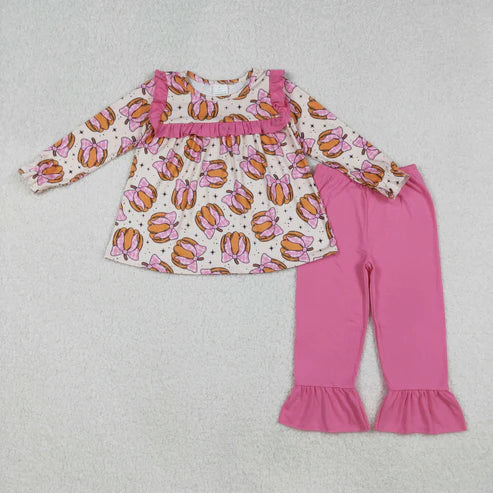 9.10 GLP2348 Baby Girls Long Sleeves Pink Bows Pumpkins Tunic Ruffle Pant Set