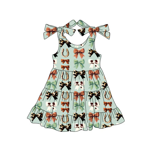 6.14 GSD2589 Baby Girls Green Strap Bows Horse Shoes Knee Length Dresses Preorder