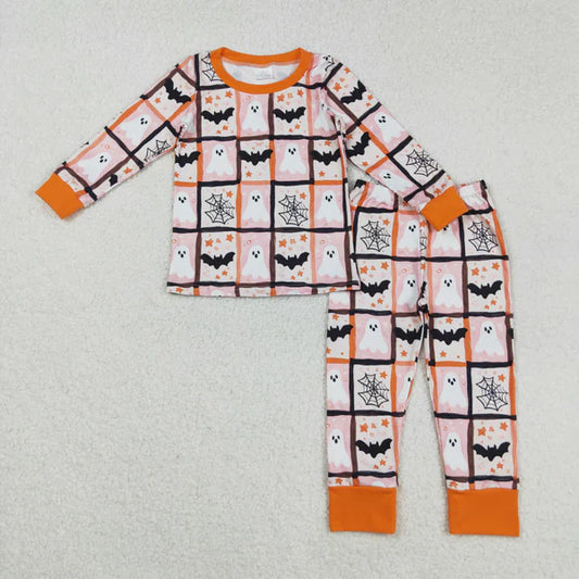 8.26 GLP2682 Baby Girls Ghosts Bats Plaid Top Pants Halloween Pajamas Set