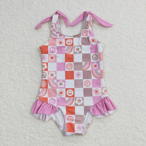 S0150 Flower rainbow pink and white plaid one-piece swimsuit