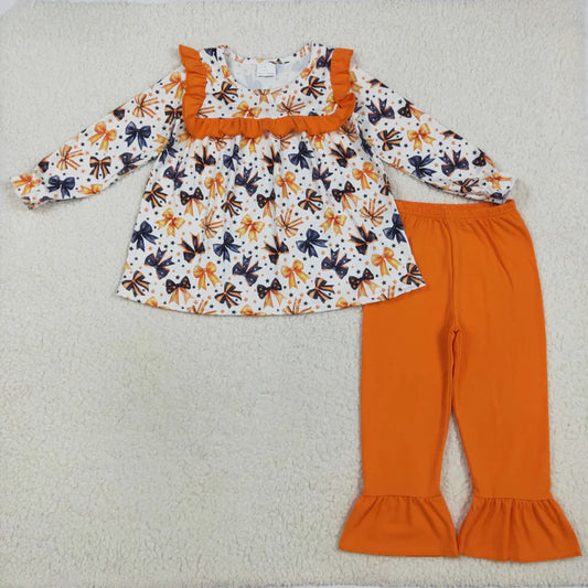 8.15 GLP2344 Baby Girls Long Sleeves Colorful Bows Stars Tunic Ruffle Pant Set