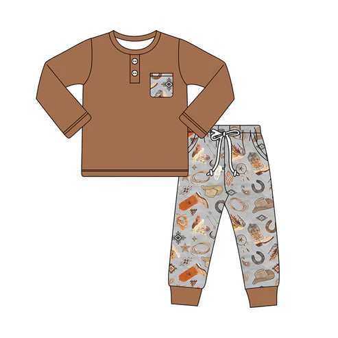 5.26 BLP0942 Baby Boys Western Brown Top Boots Hats Pants Clothes Sets Preorder