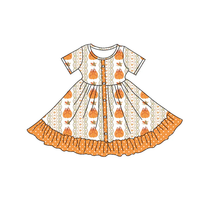 6.18  GSD2545 Baby Girls Short Sleeves Pumpkins Stripe Polka Dots Button Ruffle Knee Length Dresses Preorder