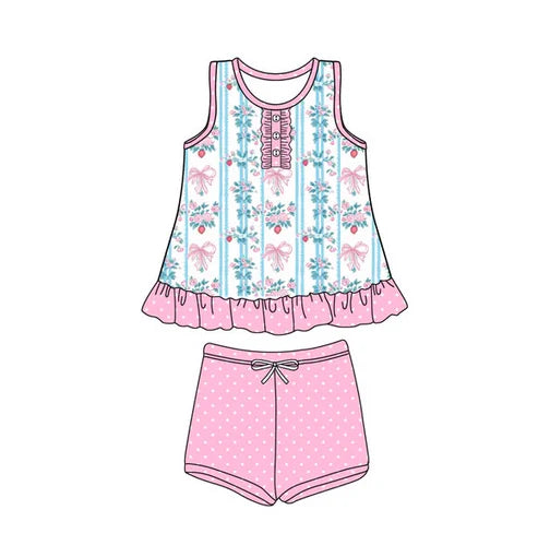 3.25 GSSO2443 Baby Girls Sleeveless Button Floral Bows Stripe Tunic Polka Dots Short Set Preorder