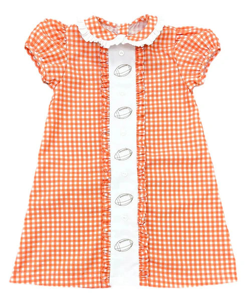 8.7  GSD2797 Baby Girls Orange Plaid Footballs Button Team Knee Length Dresses Preorder