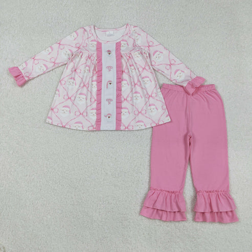 9.10 GLP2364 Embroidery Baby Girls Long Sleeves Pink Bows Santa Plaid Tunic Ruffle Pant Set