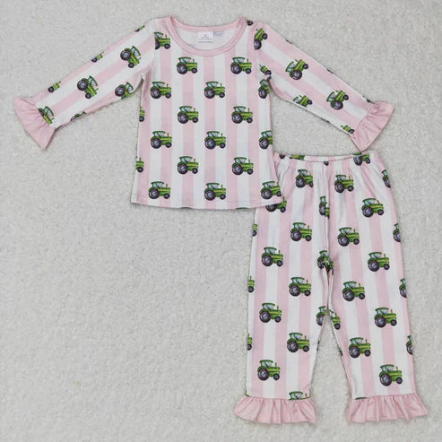 8.7 GLP0776 green tractor pink and white striped long-sleeved trousers suit