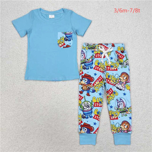 BSPO0375 Boys cartoon dog pocket blue short sleeve pant suit