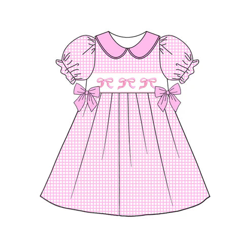 Baby Girls Pink Checkered Bows Short Sleeve Knee Length Dresses Preorder