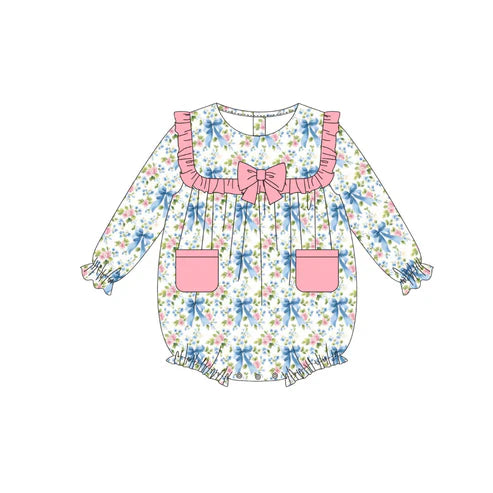 10.21 LR2754 Baby Girls Long Sleeve Bows Floral Pockets Ruffle Rompers Preorder