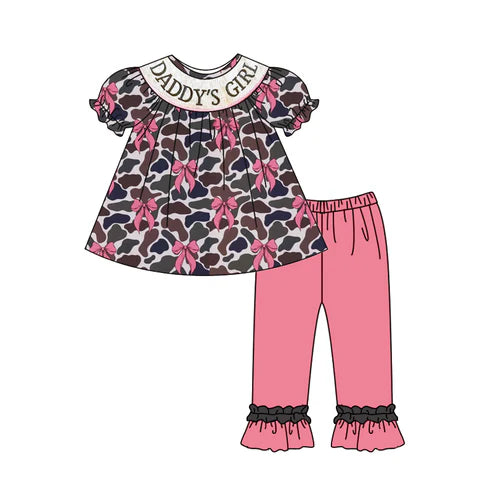 5.22 GSPO2025 Baby Girls Olive Camo Short Sleeves Bows Daddy's Girl Tunic Ruffle Pant Set Preorder