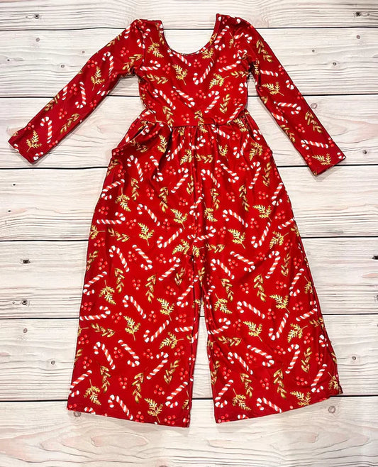8.28  LR2609 Baby Girls Red Candy Cane Holly Pockets Christmas Flame Jumpsuits Preorder