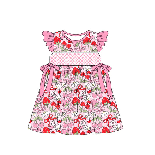 3.23 GSD2229 Baby Girls Pink Flutter Sleeves Bows Strawberry Floral Knee Length Dresses Preorder
