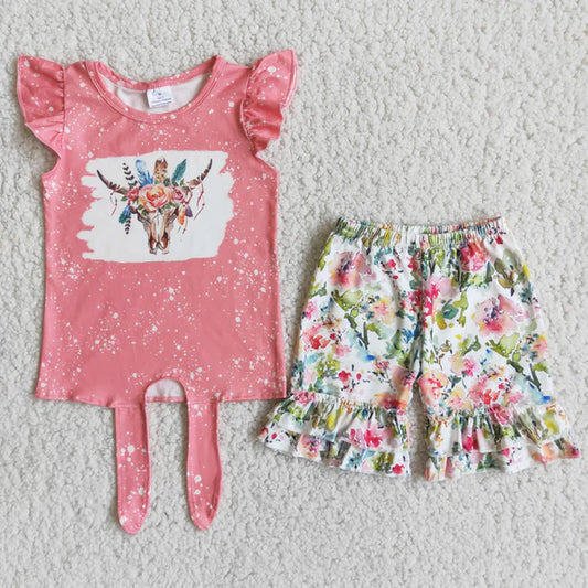 L-3.1 B16-1 Flower bull head pink flying sleeve shorts set
