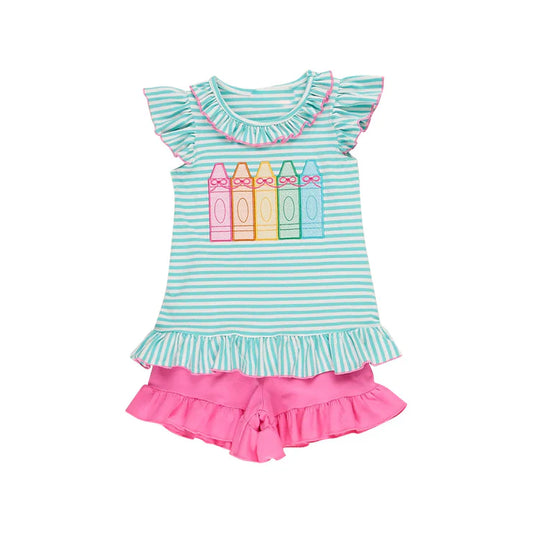 11.15 MOQ:5pcs GSSO2856 pre-order baby girl clothes crayon print toddler girl back to school summer outfit