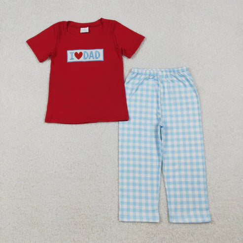 10.22 BSPO0589 Embroidery Baby Boys I Love Dad Top Blue Checked Pants Clothes Set